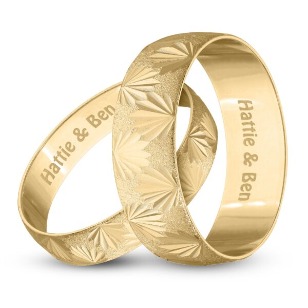 Personalised 9ct Yellow Gold Wedding Ring Set Matt with Diamond Cut Leaf effect