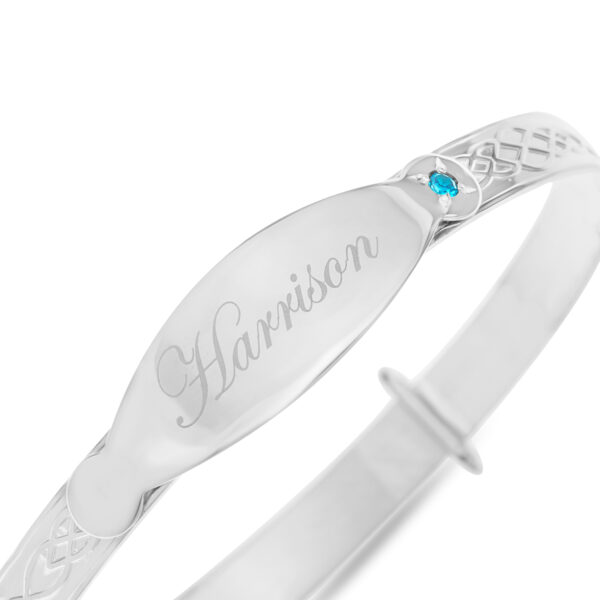 Personalised Sterling Silver Boy Baby Bangle with blue stone (0-5+yrs) - Image 3