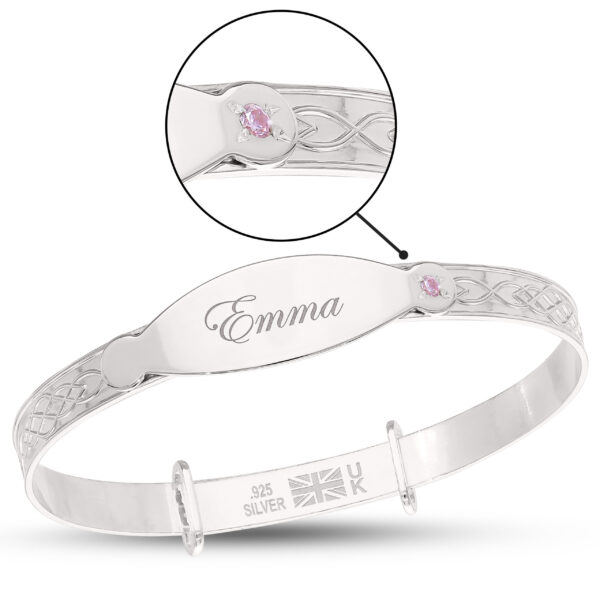 Personalised Sterling Silver Baby Girl Bangle with pink stone (0-5+yrs) - Image 3