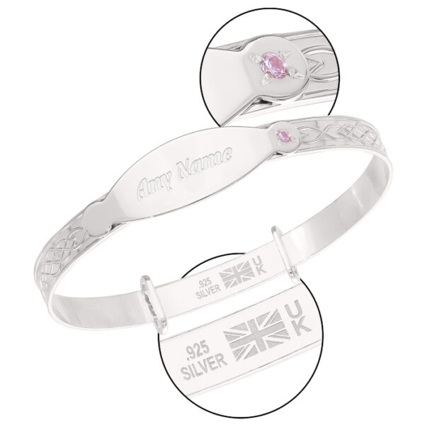 Personalised Sterling Silver Baby Girl Bangle with pink stone (0-5+yrs) - Image 4