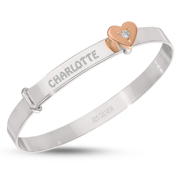 Personalised Sterling Silver Rose Gold Plated Heart Baby Bangle (0-3yrs) - Image 6