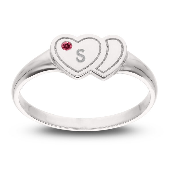 Personalised 925 Sterling Silver Double Heart Birthstone Ring - Image 2