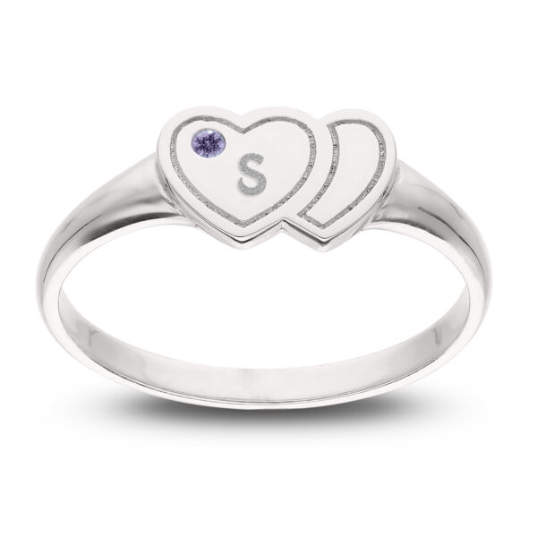 Personalised 925 Sterling Silver Double Heart Birthstone Ring - Image 3