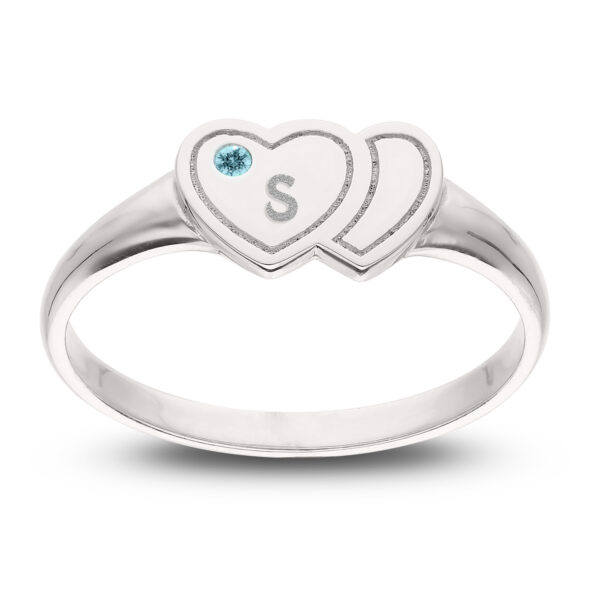 Personalised 925 Sterling Silver Double Heart Birthstone Ring - Image 4