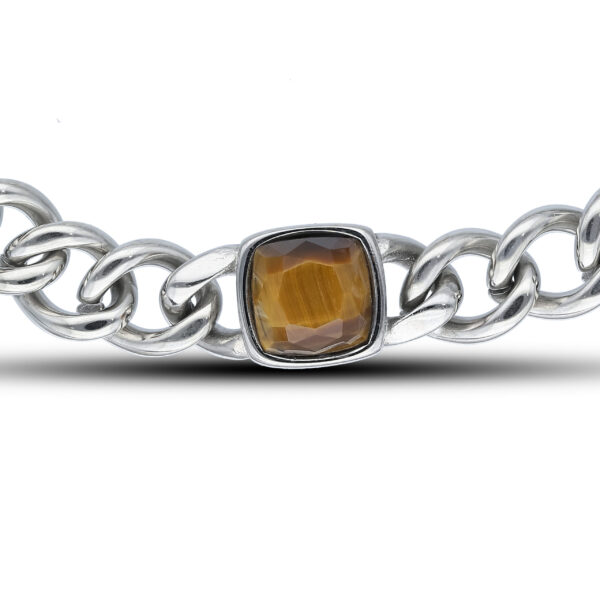 Stainless Steel Curb Tigers Eye Station Gents Bracelet - Image 2